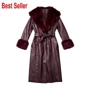 Women's Faux Leather Coat with Faux Fur Trim, Belted Long Coat